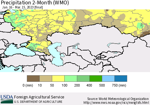 Russian Federation Precipitation 2-Month (WMO) Thematic Map For 1/16/2023 - 3/15/2023