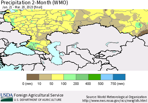 Russian Federation Precipitation 2-Month (WMO) Thematic Map For 1/21/2023 - 3/20/2023