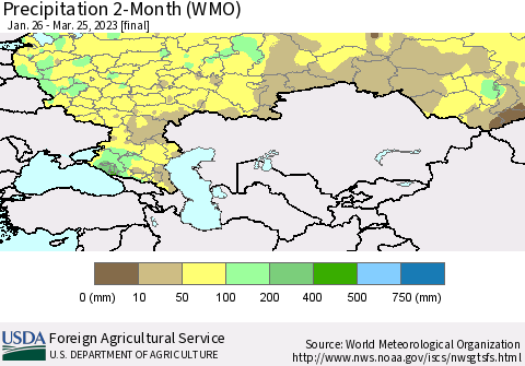 Russian Federation Precipitation 2-Month (WMO) Thematic Map For 1/26/2023 - 3/25/2023