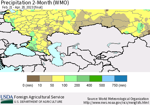 Russian Federation Precipitation 2-Month (WMO) Thematic Map For 2/21/2023 - 4/20/2023