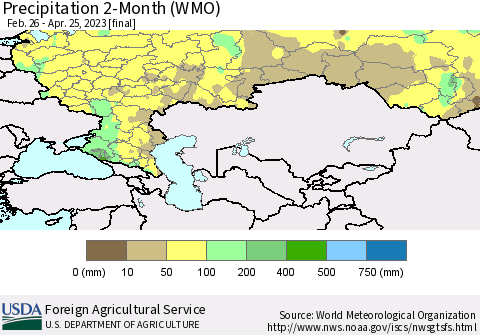 Russian Federation Precipitation 2-Month (WMO) Thematic Map For 2/26/2023 - 4/25/2023