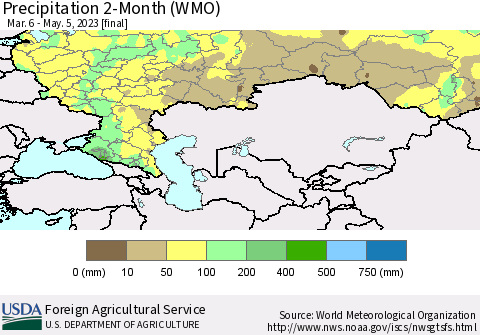 Russian Federation Precipitation 2-Month (WMO) Thematic Map For 3/6/2023 - 5/5/2023