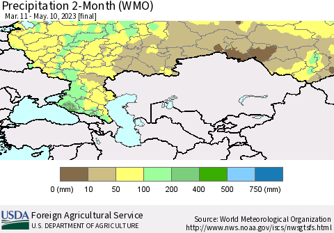 Russian Federation Precipitation 2-Month (WMO) Thematic Map For 3/11/2023 - 5/10/2023