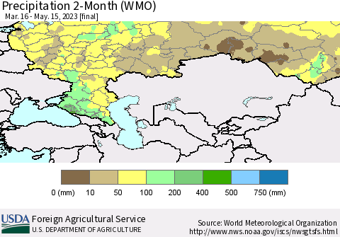 Russian Federation Precipitation 2-Month (WMO) Thematic Map For 3/16/2023 - 5/15/2023