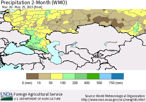 Russian Federation Precipitation 2-Month (WMO) Thematic Map For 3/26/2023 - 5/25/2023