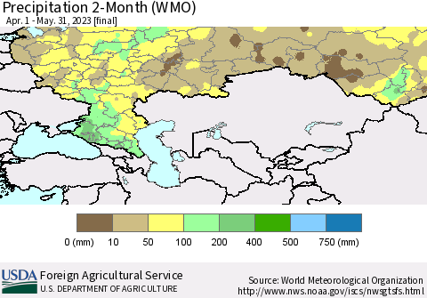 Russian Federation Precipitation 2-Month (WMO) Thematic Map For 4/1/2023 - 5/31/2023