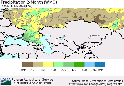 Russian Federation Precipitation 2-Month (WMO) Thematic Map For 4/6/2023 - 6/5/2023