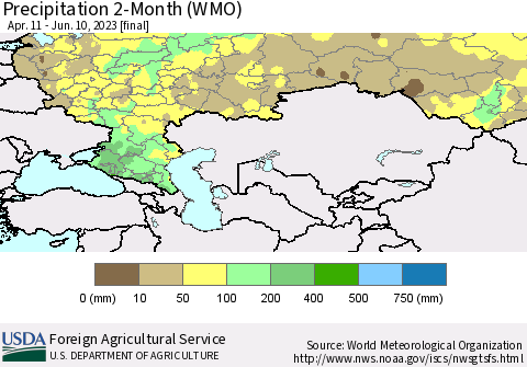 Russian Federation Precipitation 2-Month (WMO) Thematic Map For 4/11/2023 - 6/10/2023