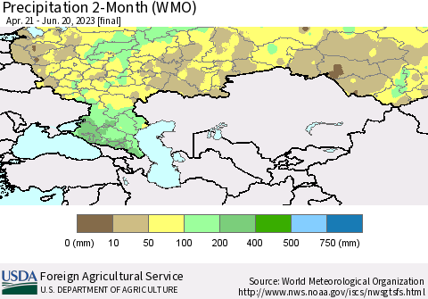 Russian Federation Precipitation 2-Month (WMO) Thematic Map For 4/21/2023 - 6/20/2023