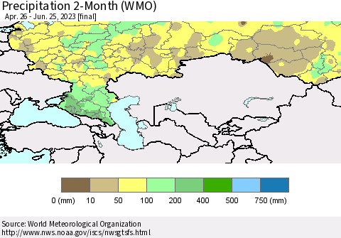 Russian Federation Precipitation 2-Month (WMO) Thematic Map For 4/26/2023 - 6/25/2023
