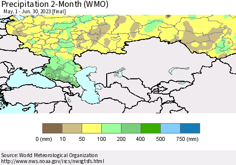 Russian Federation Precipitation 2-Month (WMO) Thematic Map For 5/1/2023 - 6/30/2023