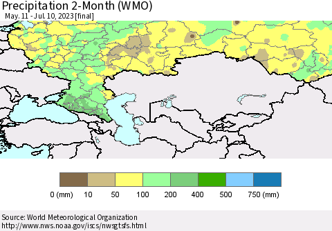 Russian Federation Precipitation 2-Month (WMO) Thematic Map For 5/11/2023 - 7/10/2023