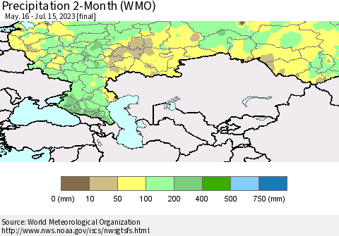 Russian Federation Precipitation 2-Month (WMO) Thematic Map For 5/16/2023 - 7/15/2023