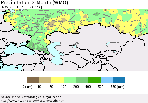 Russian Federation Precipitation 2-Month (WMO) Thematic Map For 5/21/2023 - 7/20/2023