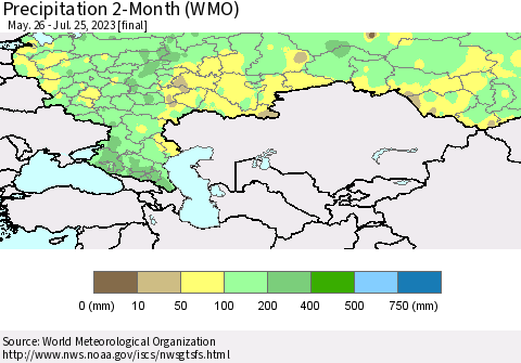 Russian Federation Precipitation 2-Month (WMO) Thematic Map For 5/26/2023 - 7/25/2023