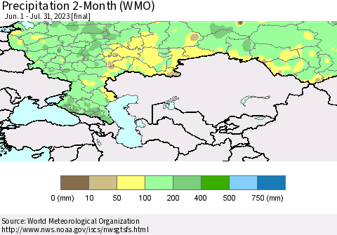 Russian Federation Precipitation 2-Month (WMO) Thematic Map For 6/1/2023 - 7/31/2023