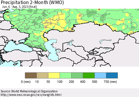 Russian Federation Precipitation 2-Month (WMO) Thematic Map For 6/6/2023 - 8/5/2023