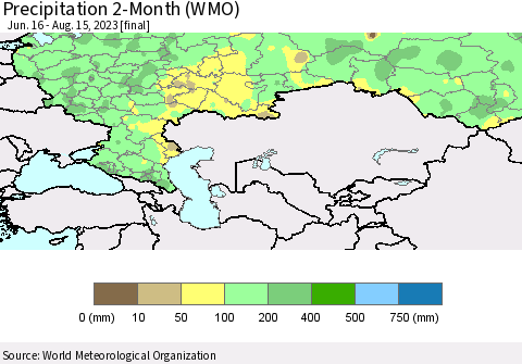 Russian Federation Precipitation 2-Month (WMO) Thematic Map For 6/16/2023 - 8/15/2023