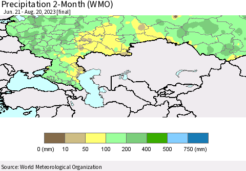 Russian Federation Precipitation 2-Month (WMO) Thematic Map For 6/21/2023 - 8/20/2023
