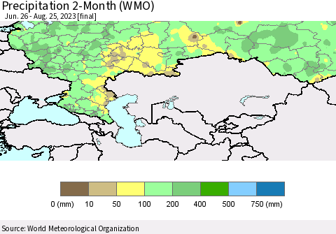 Russian Federation Precipitation 2-Month (WMO) Thematic Map For 6/26/2023 - 8/25/2023