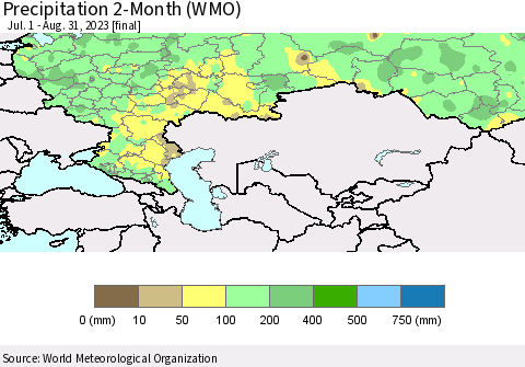 Russian Federation Precipitation 2-Month (WMO) Thematic Map For 7/1/2023 - 8/31/2023