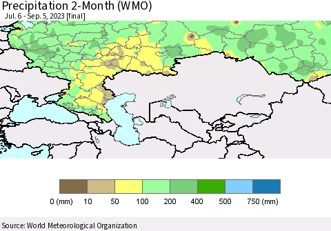 Russian Federation Precipitation 2-Month (WMO) Thematic Map For 7/6/2023 - 9/5/2023