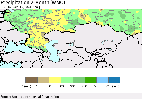 Russian Federation Precipitation 2-Month (WMO) Thematic Map For 7/16/2023 - 9/15/2023