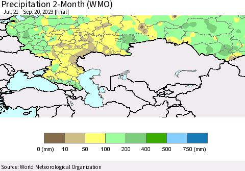 Russian Federation Precipitation 2-Month (WMO) Thematic Map For 7/21/2023 - 9/20/2023