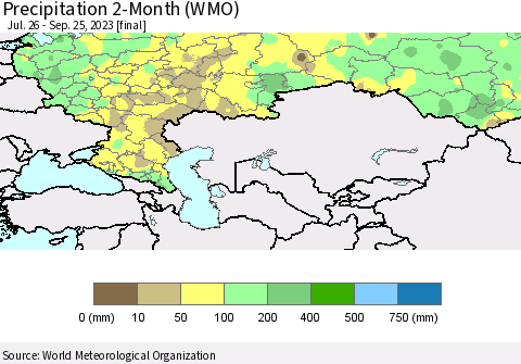 Russian Federation Precipitation 2-Month (WMO) Thematic Map For 7/26/2023 - 9/25/2023