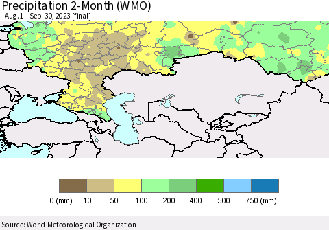 Russian Federation Precipitation 2-Month (WMO) Thematic Map For 8/1/2023 - 9/30/2023