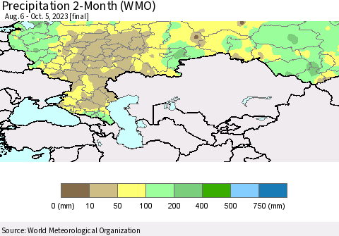 Russian Federation Precipitation 2-Month (WMO) Thematic Map For 8/6/2023 - 10/5/2023