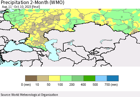 Russian Federation Precipitation 2-Month (WMO) Thematic Map For 8/11/2023 - 10/10/2023