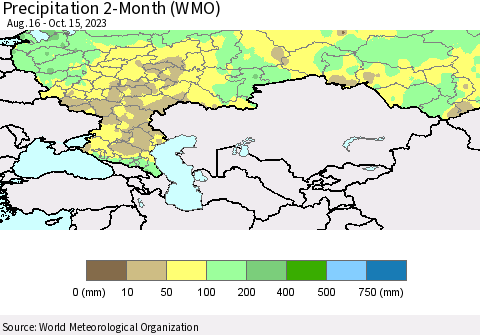 Russian Federation Precipitation 2-Month (WMO) Thematic Map For 8/16/2023 - 10/15/2023