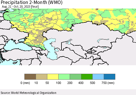 Russian Federation Precipitation 2-Month (WMO) Thematic Map For 8/21/2023 - 10/20/2023