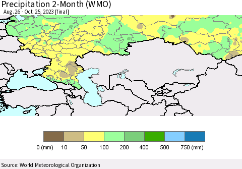 Russian Federation Precipitation 2-Month (WMO) Thematic Map For 8/26/2023 - 10/25/2023
