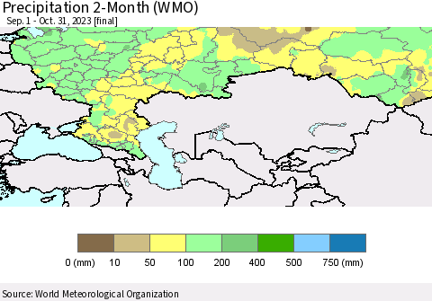 Russian Federation Precipitation 2-Month (WMO) Thematic Map For 9/1/2023 - 10/31/2023