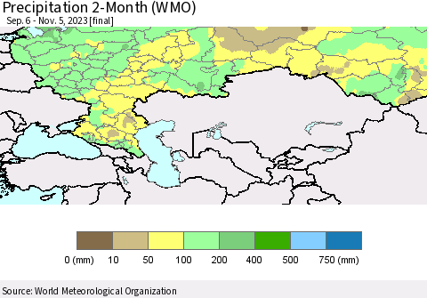 Russian Federation Precipitation 2-Month (WMO) Thematic Map For 9/6/2023 - 11/5/2023