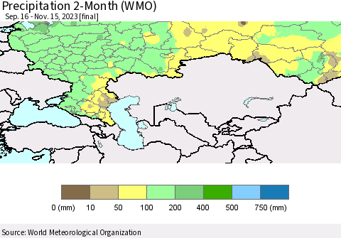 Russian Federation Precipitation 2-Month (WMO) Thematic Map For 9/16/2023 - 11/15/2023