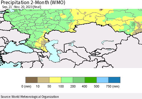 Russian Federation Precipitation 2-Month (WMO) Thematic Map For 9/21/2023 - 11/20/2023