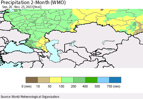 Russian Federation Precipitation 2-Month (WMO) Thematic Map For 9/26/2023 - 11/25/2023