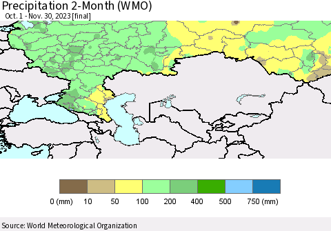 Russian Federation Precipitation 2-Month (WMO) Thematic Map For 10/1/2023 - 11/30/2023