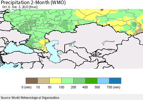Russian Federation Precipitation 2-Month (WMO) Thematic Map For 10/6/2023 - 12/5/2023