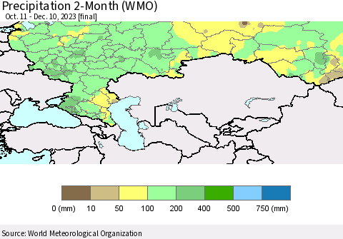 Russian Federation Precipitation 2-Month (WMO) Thematic Map For 10/11/2023 - 12/10/2023