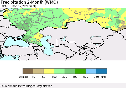 Russian Federation Precipitation 2-Month (WMO) Thematic Map For 10/16/2023 - 12/15/2023