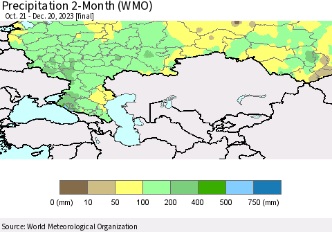 Russian Federation Precipitation 2-Month (WMO) Thematic Map For 10/21/2023 - 12/20/2023