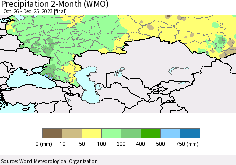 Russian Federation Precipitation 2-Month (WMO) Thematic Map For 10/26/2023 - 12/25/2023