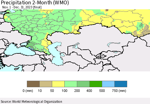 Russian Federation Precipitation 2-Month (WMO) Thematic Map For 11/1/2023 - 12/31/2023