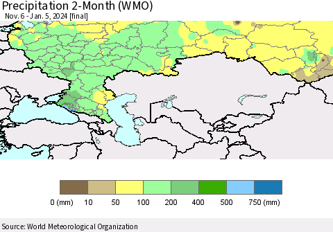 Russian Federation Precipitation 2-Month (WMO) Thematic Map For 11/6/2023 - 1/5/2024