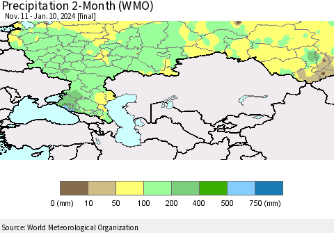 Russian Federation Precipitation 2-Month (WMO) Thematic Map For 11/11/2023 - 1/10/2024