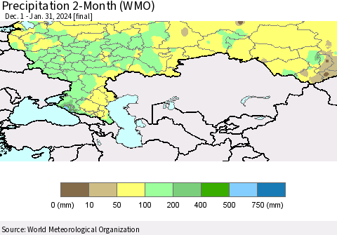 Russian Federation Precipitation 2-Month (WMO) Thematic Map For 12/1/2023 - 1/31/2024